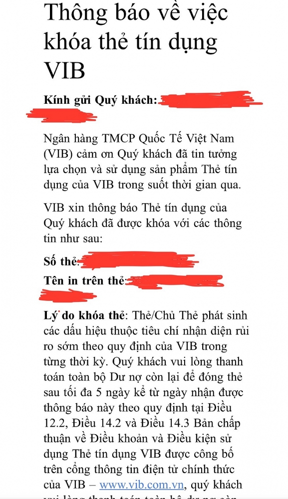 Thẻ tín dụng VIB đang sử dụng bình thường “bất ngờ” bị thông báo khoá thẻ