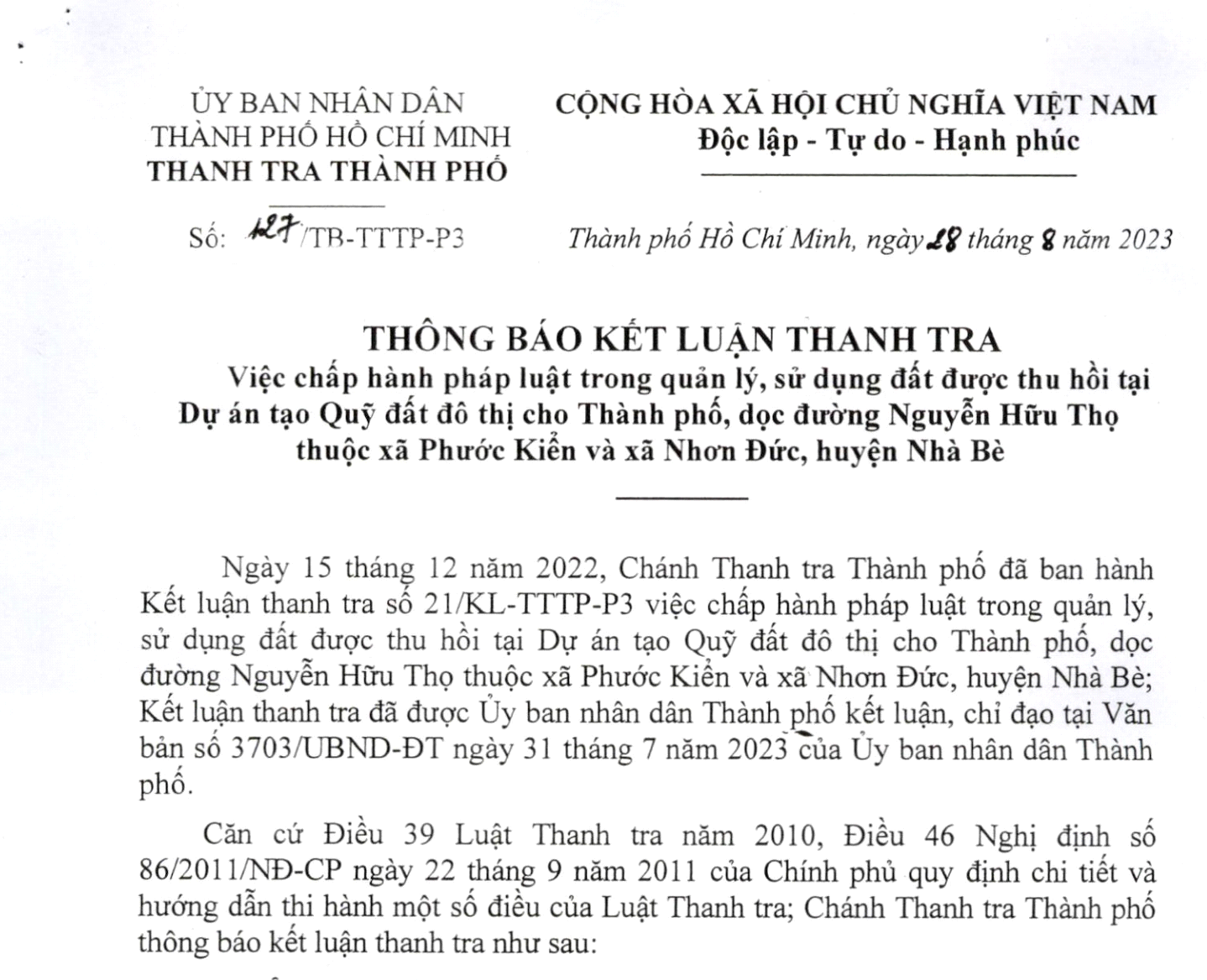 Nhiều sai phạm tại Dự án tạo Quỹ đất đô thị cho Thành phố Hồ Chí Minh