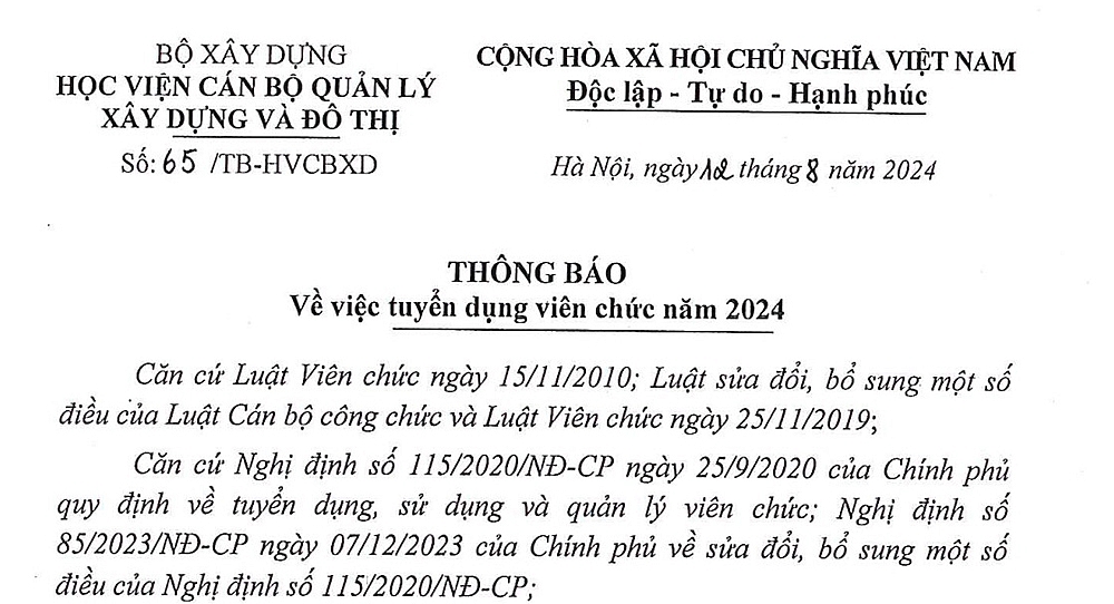 Học viện Cán bộ quản lý xây dựng và đô thị thông báo tuyển dụng viên chức năm 2024