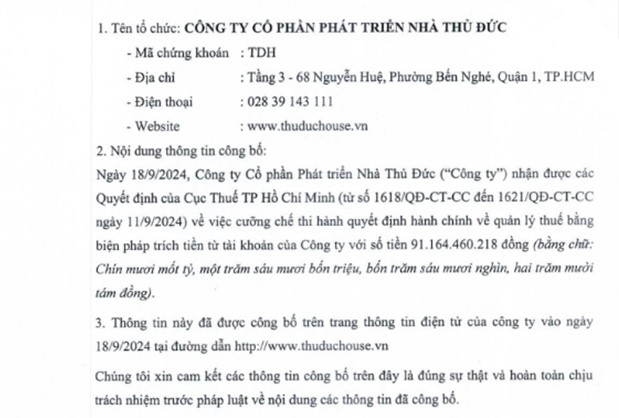 Công ty Cổ phần Phát triển Nhà Thủ Đức bị cưỡng chế thuế 91 tỷ đồng