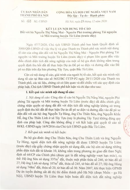 bac tu liem ha noi phai chang co su khong minh bach khi dieu chinh giay chung nhan quyen su dung dat nong nghiep tai du an de po xe dien doan nhon