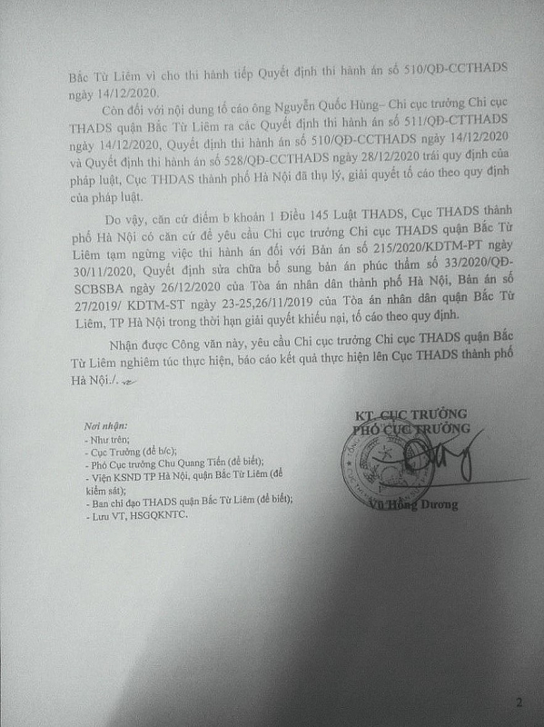 vu tranh chap lo dat xay dung truong hoc o bac tu liem cuc thi hanh an dan su ha noi ra van ban tam dung thi hanh an co dung phap luat